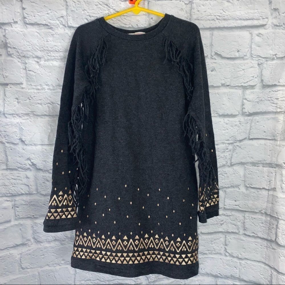 H&M sweater dress with arm fringe and gold print pattern grey w/gold trim sz 6-8